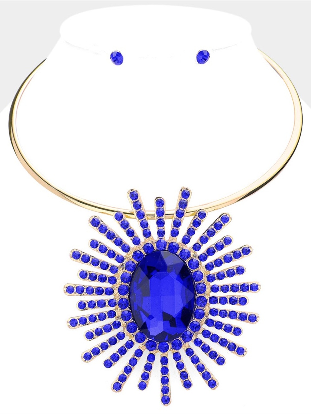 Gold-Tone Necklace Set with Royal Blue Sunburst Pendant
